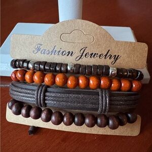Boho Style Adjustable Leather and Stretchable Wooden Beads Bracelets Set